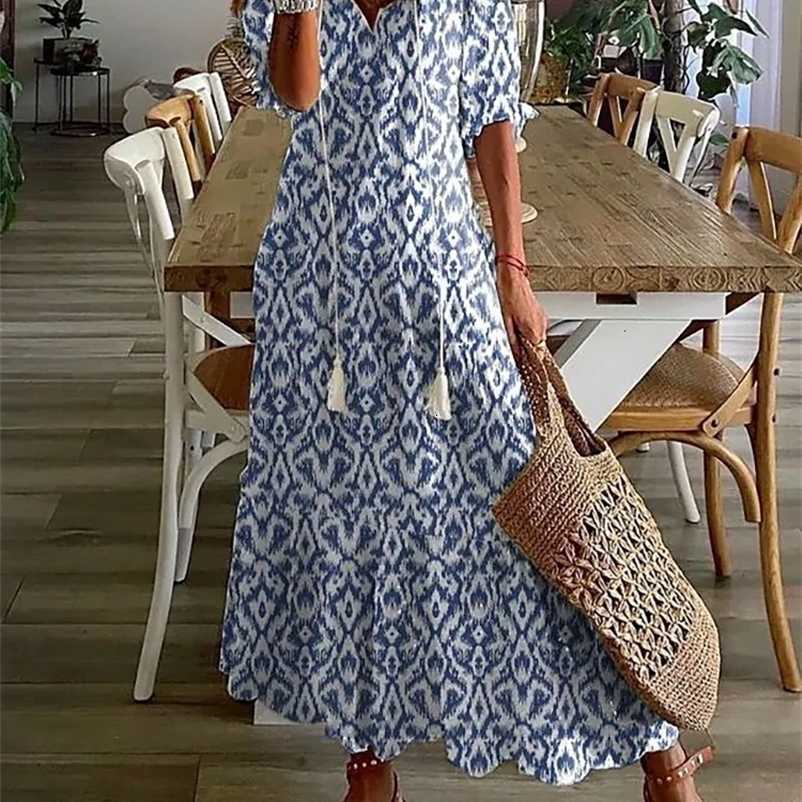 Casual Basic Dresses Women Print Bohemian Dress Summer V Neck Short Long Dresses Casual Beach Dresses Vestidos S260612