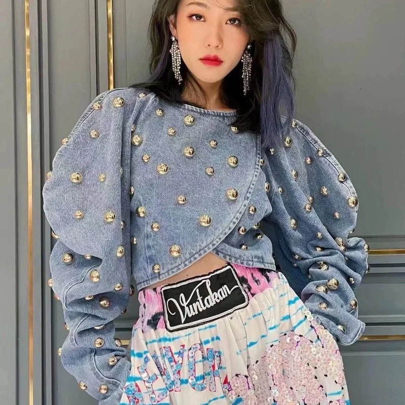 Spring Autumn Women Rivets Long Lantern Sleeve Denim Coat Short Pearls Beading Jeans Bomber Jacket Cowboy Cardigan Tops 260609