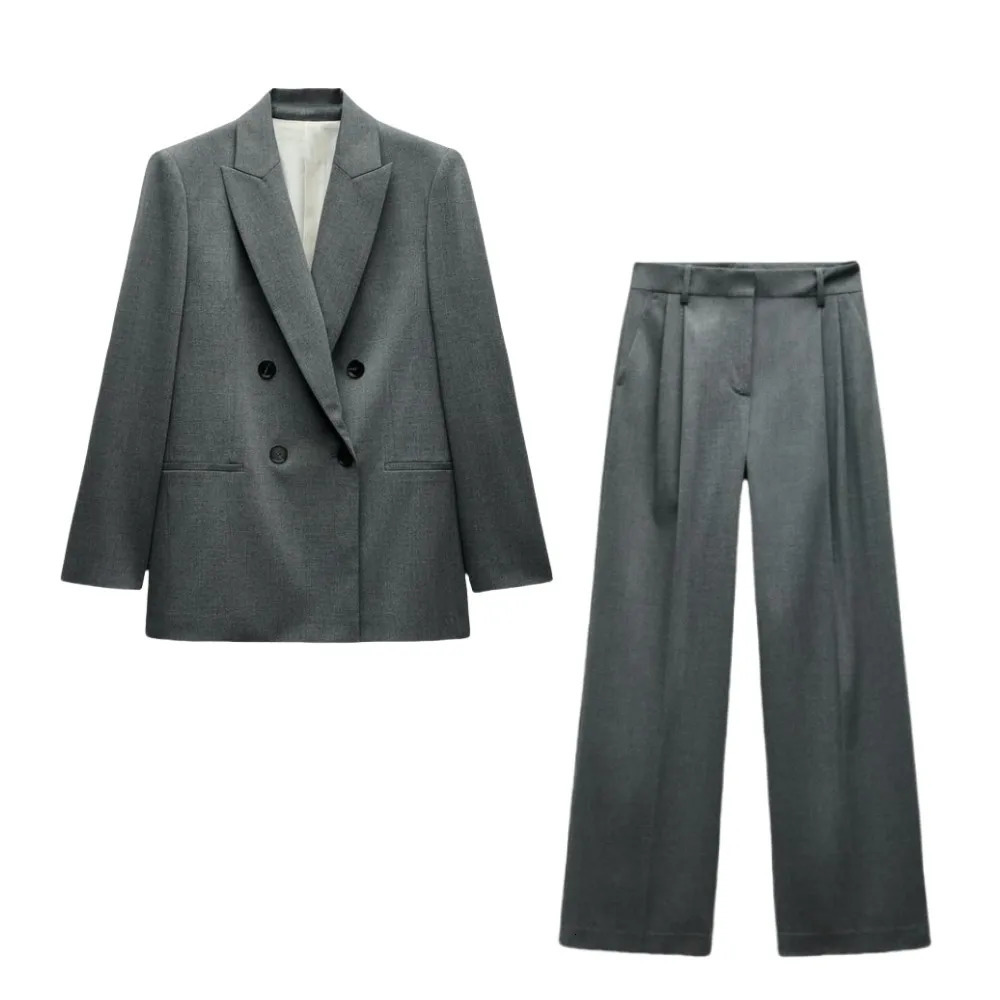 ETJ 2025 Womens Spring suit Set with shoulder padded double-breasted blazer high-waisted pleated wide-legged pants 260610