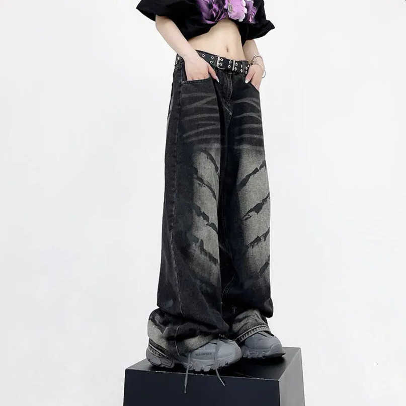 retro American washed Y2K jeans mens and casual high waisted loose weight loss mop wide leg hole strt pants S260612