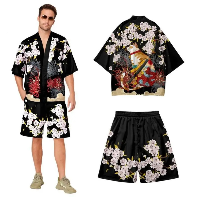 Men Japanese Kimono Shirt 34 Sleeve with Matching Shorts Set Pink Flower Samurai Cat Print Unisex Outfit for Women S To 3XL 260612