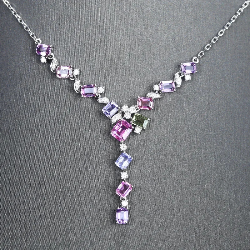 Trendy Silver Color Geometric Necklaces For Women Shine Pink Purple Zircon Stone Inlay Fashion Jewelry Evening Party Gift 260612