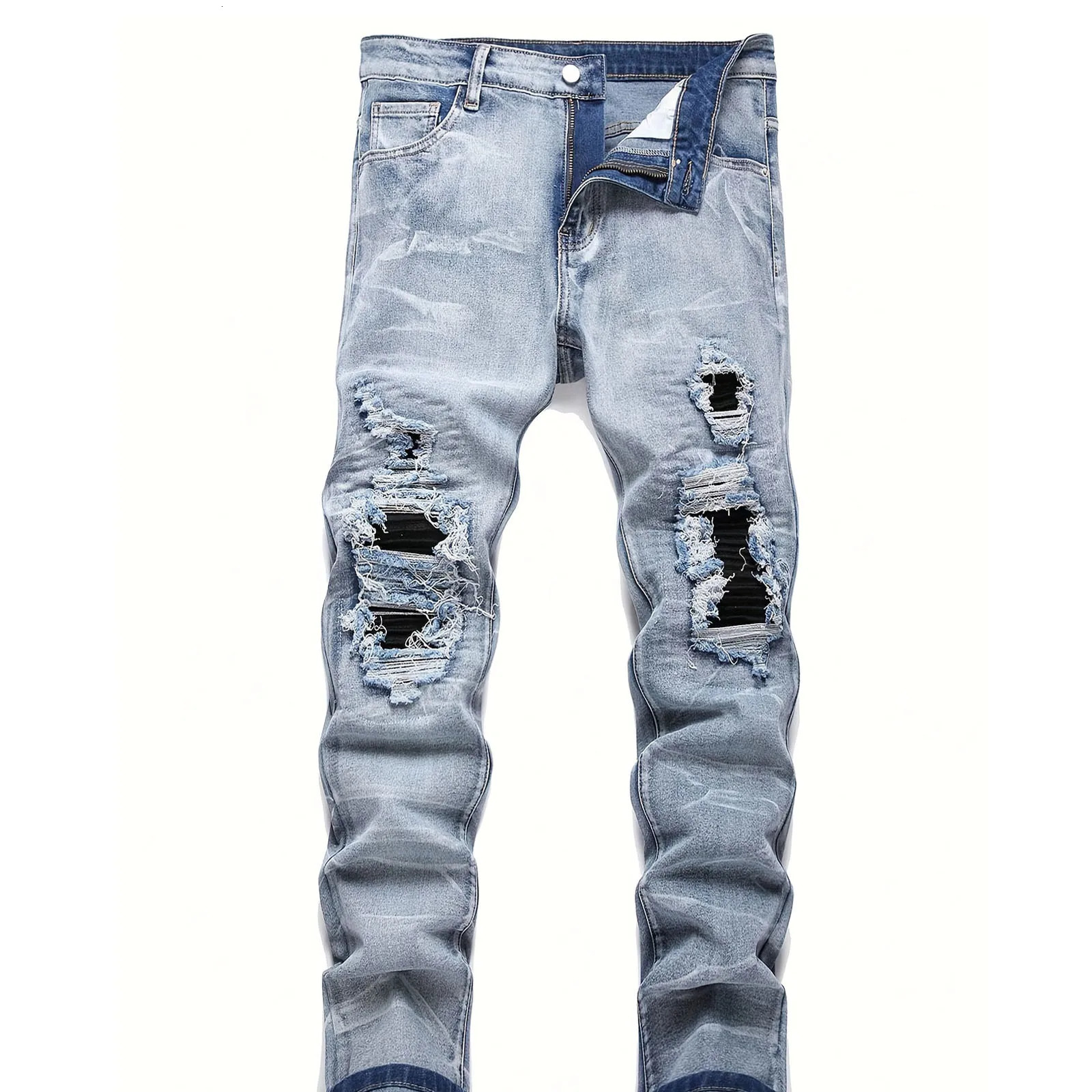 Mens Stretchy Denim Jeans Streetwear Tearing Patchwork Holes Ripped Denim Elastic Waist Casual Pants Slim fit Straight Trousers 260611