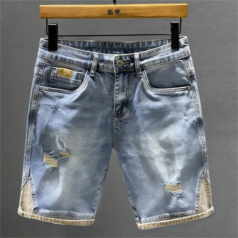 2026 Retro Mens Denim Shorts Summer Distressed Ripped Jeans Casual Lightweight Stretch Fashion Five Point Pants 260612