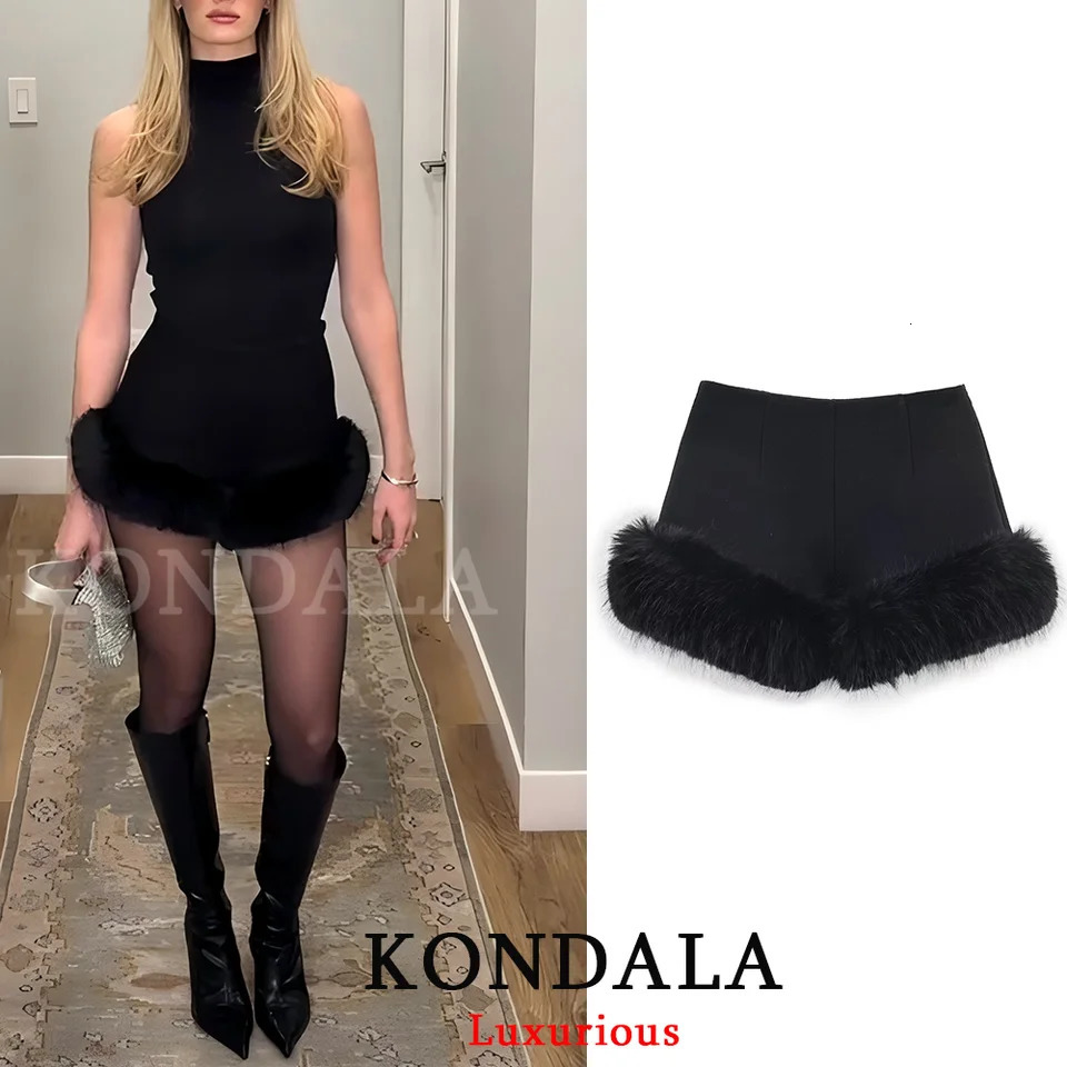 KONDALA Sexy Chic Black Fur Patchwork Shorts Women Fashion 2026 Party Evening Club Wide Leg Shorts Elegant Y2K Girl Year 260612