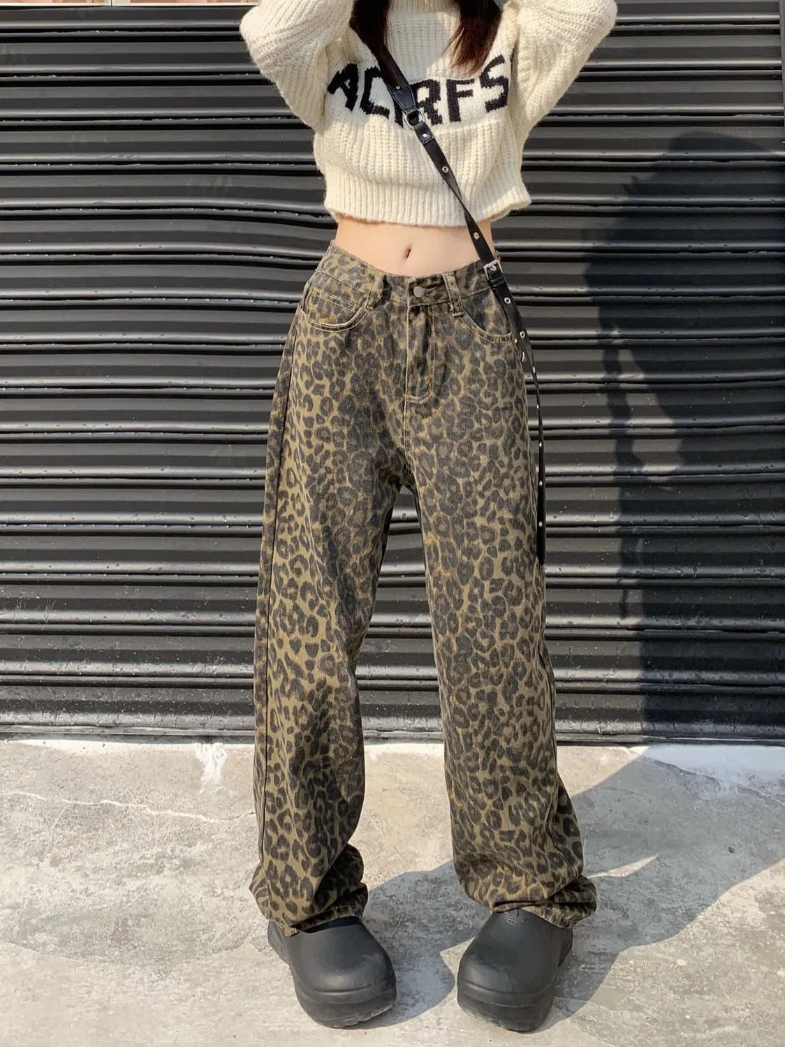 American Vintage Leopard Wide Leg Jean High Waist Street Style Straight Pants Loose Fit Casual Floor Length Denim 260609