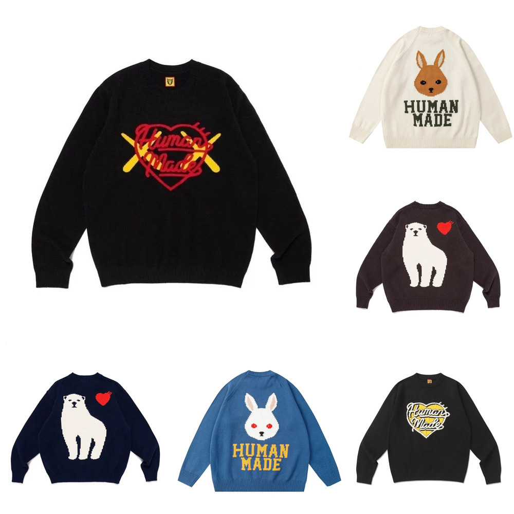 Humanmades Designer Mens sweater Heart Print Retro Hip Hop Crew Neck Pullover Embroidered streetwear Couple Loose long sleeved Knitwear Human Sweate