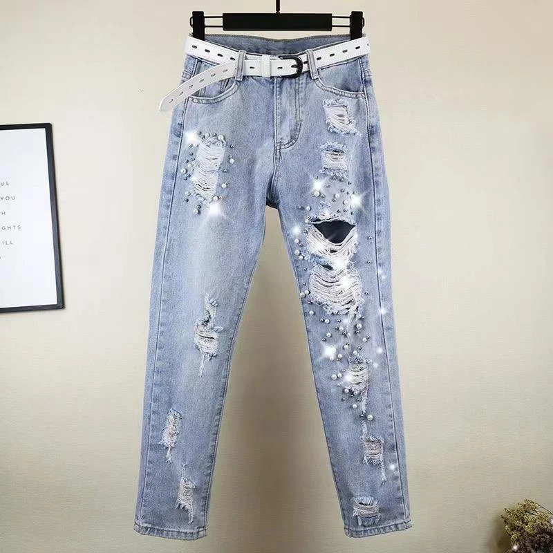 Summer 2026 Womens Ripped Jeans with Heavy Beaded and RhinestoneLadies European Style High Waist Distressed Cropped Pants 260612