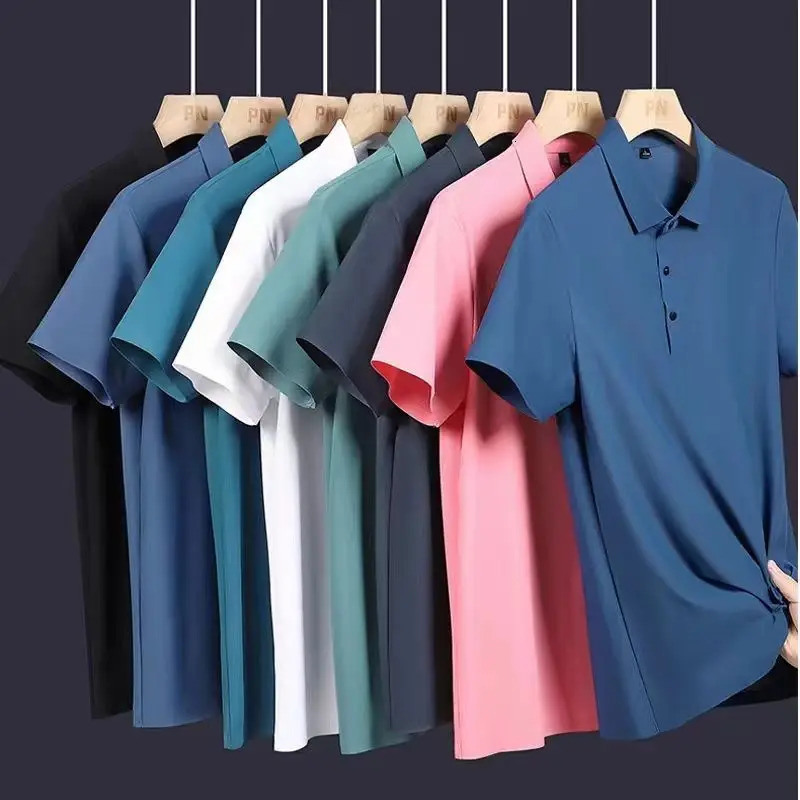 M-8XL Summer Ice Silk Polo Shirt High-End T-Shirt Solid Color Half Sleeve Non-Marking Casual Lapels Business Thin Menswear 260610