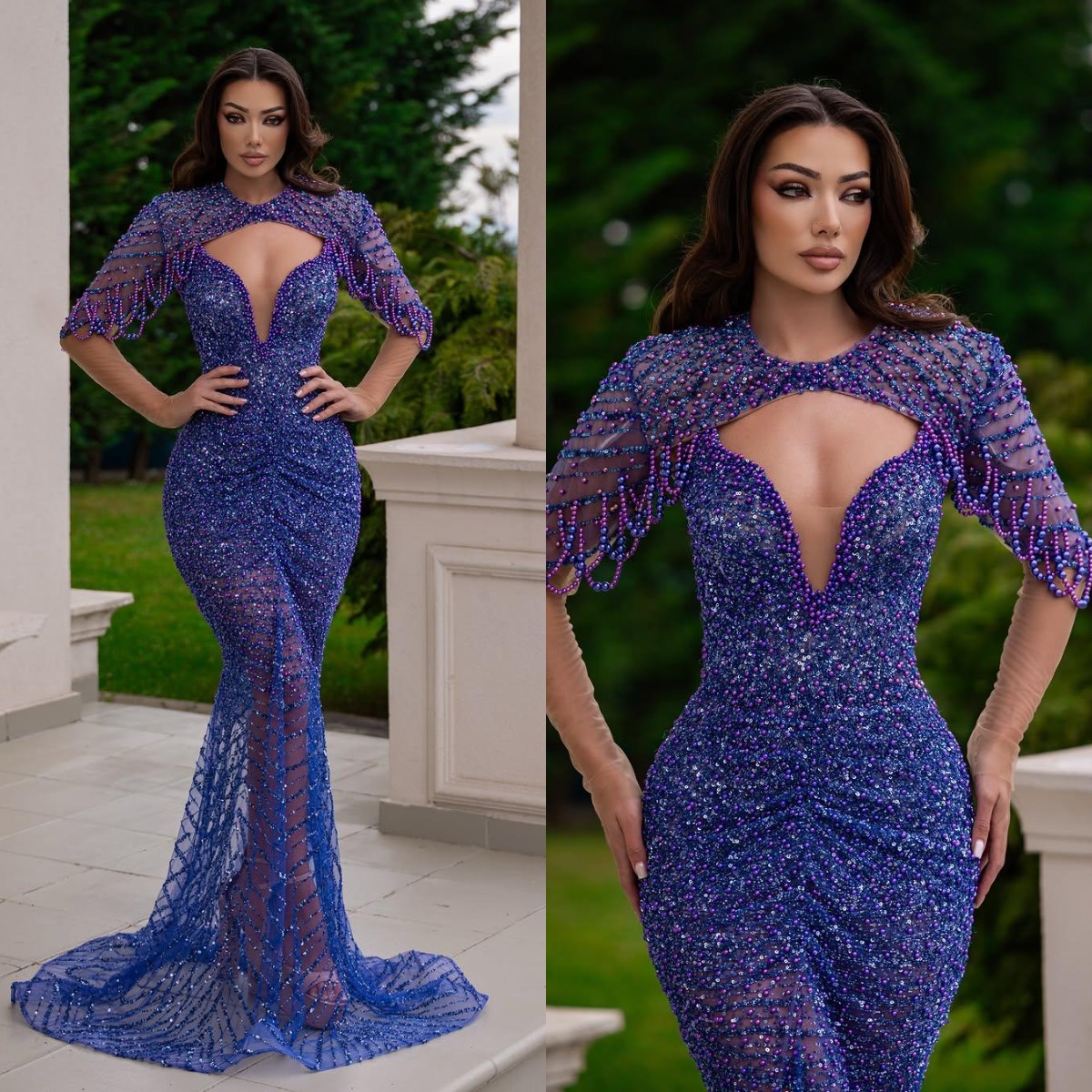 Vintage Pearls Evening Dresses Strapless Sequins Mermaid Prom Dress Cape Tassel Sleeveless Customized Party Gown Vestidos De Noche Plus Size
