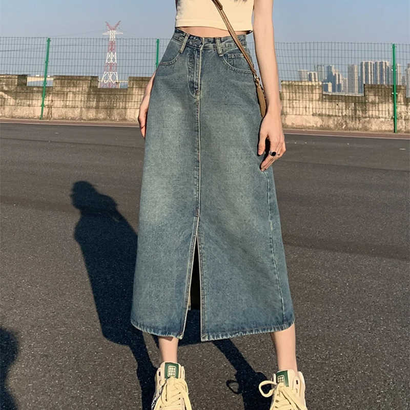 Slit Summer New Denim High-waist Skirt For Women Washed Retro A- line Skirt Hip-covering Straight Long Skirt M260612