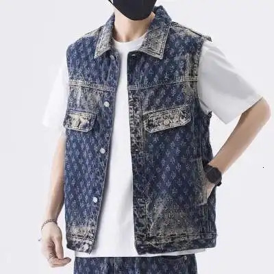Retro Trendy Motorcycle Denim Vest for Men Spring and Autumn High Street Stylish Loose Jacquard Sleeveless Jacket Outerwear 260612
