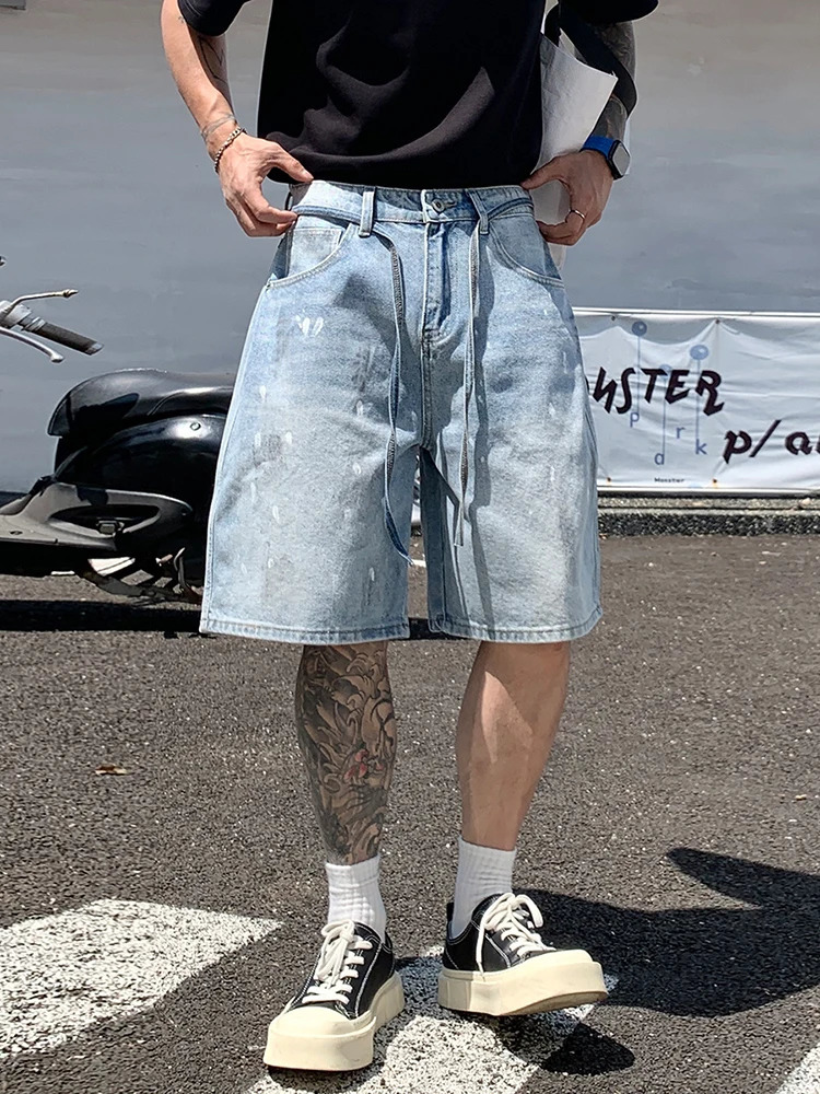 Summer Mens Fashion Denim Shorts Baggy Graffiti Print Streetwear American Hip Hop Loose Wide Leg Knee Short Jeans 260609