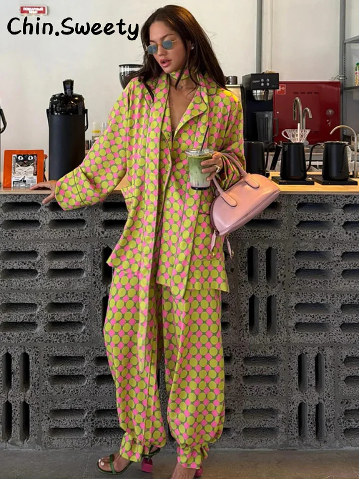 Casual Womens Printed Blouses Pants Set Loose Laple Long Sleeve Single Breasted Shirt Wide Leg Pant 2026 Summer Holiday Suit 260609