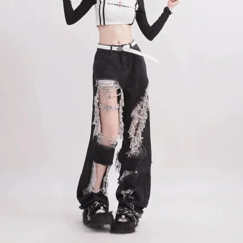 Y2K Vintage Gothic Women Jeans Black High Waist Korean Streetwear Ripped Wide Leg Harajuku Denim Pants 260608