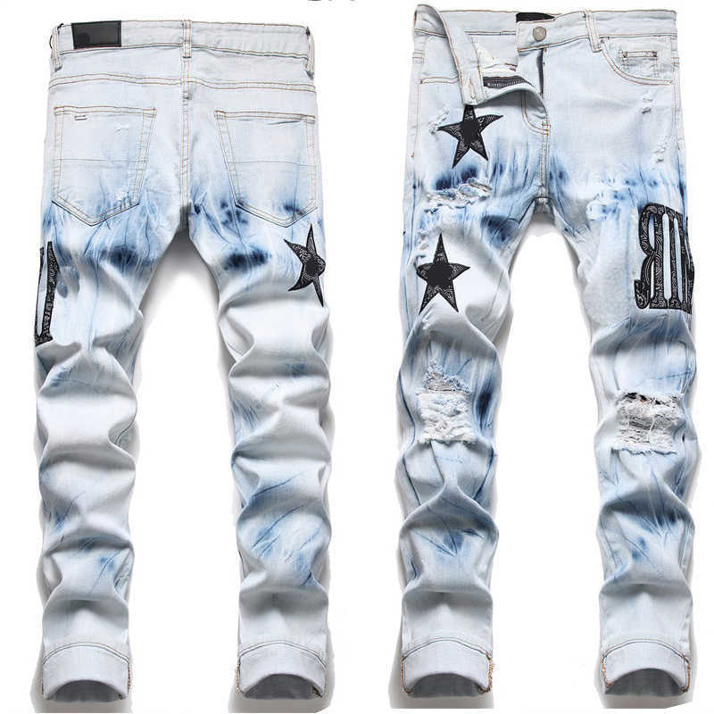 jeans Mens jeans for mens letter star perforated embroidery patchwork trend mens skinny elastic slim fit pants S260612