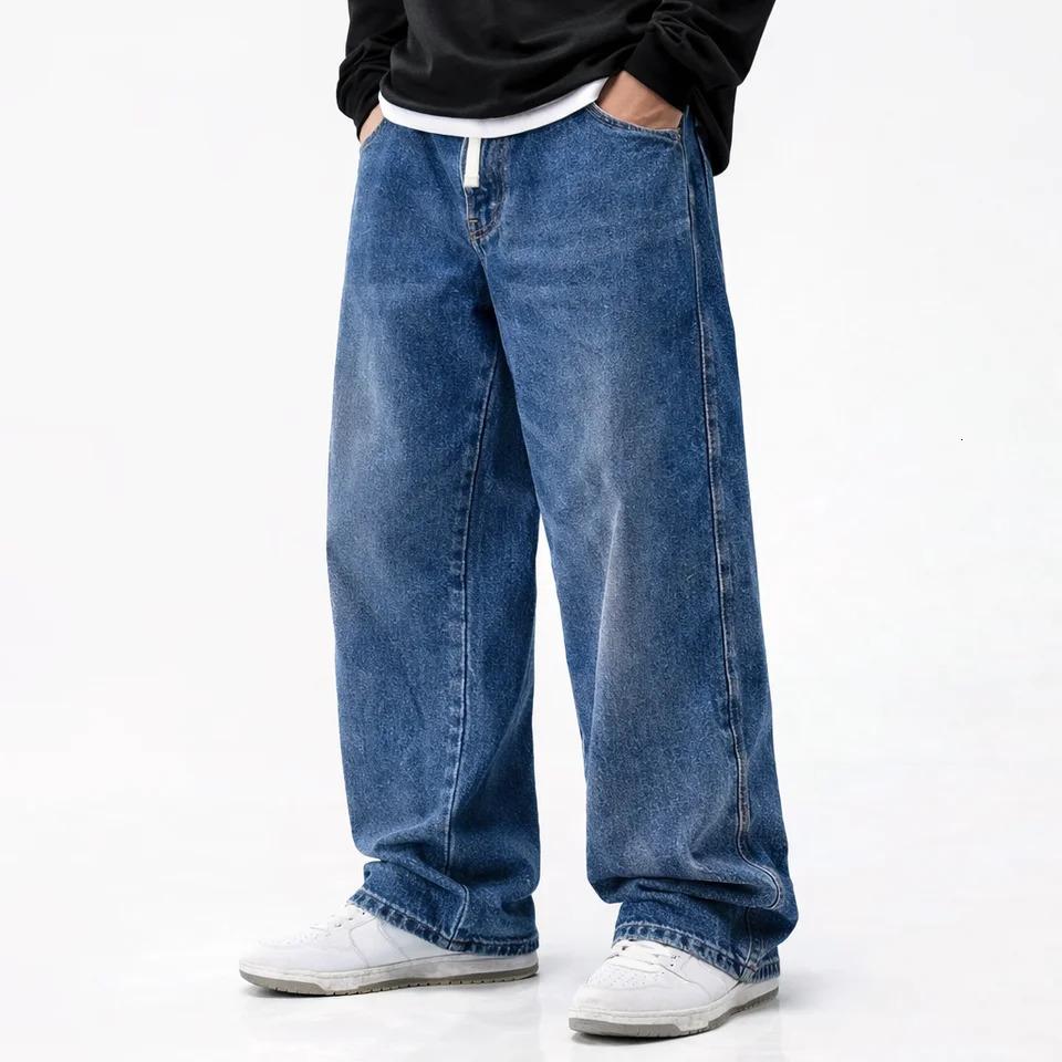 Mens Autumn Winter Fleece Loose Jeans Elastic Waist Wide Leg Y2K Denim Pants Straight Comfortable Clothing 2026 260611