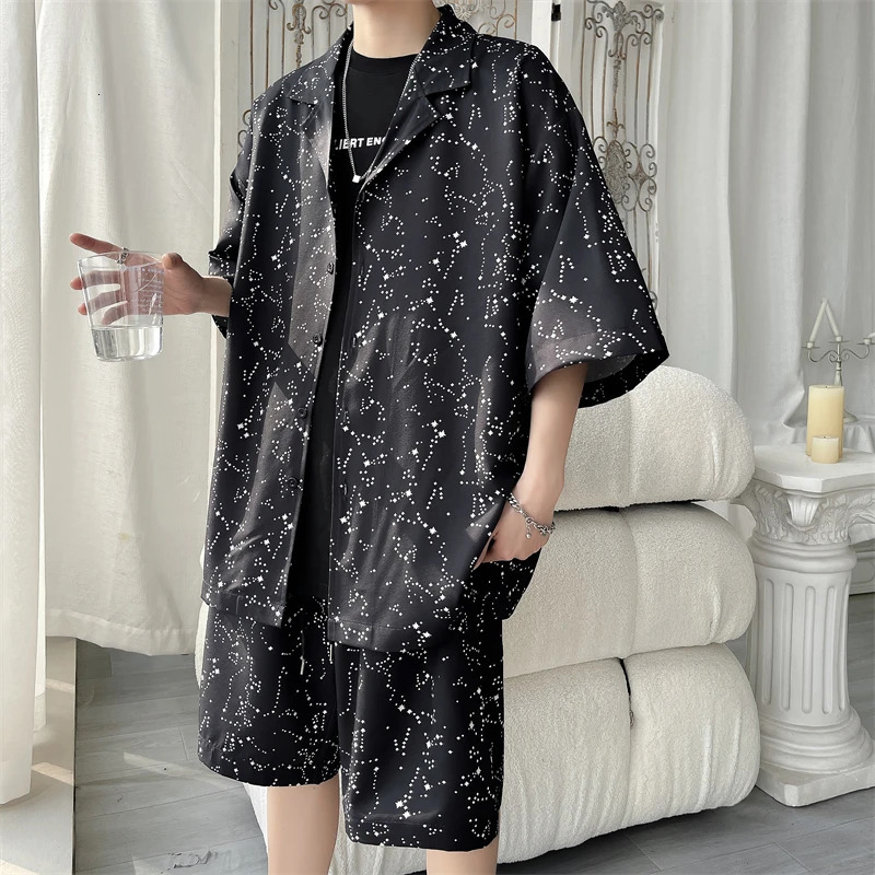 Korean Style Mens Ice Silk Sets Short Sleeve ShirtShorts Printed Tops Matching Bottoms Summer Fashion Oversized Clothing 260612