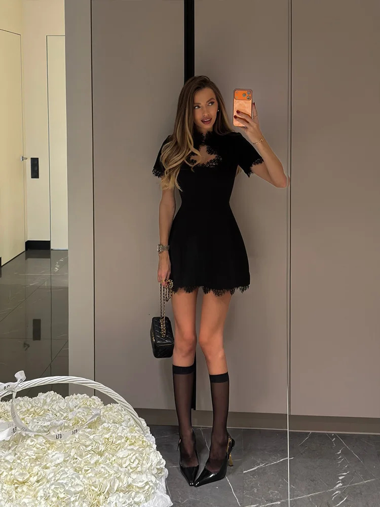 Lace Patchwork Hollow Out Bodycon Sheath High Collar Women Dresses Half Sleeves Outfits Sexy Club Fashion Female Mini Vestidos 260611