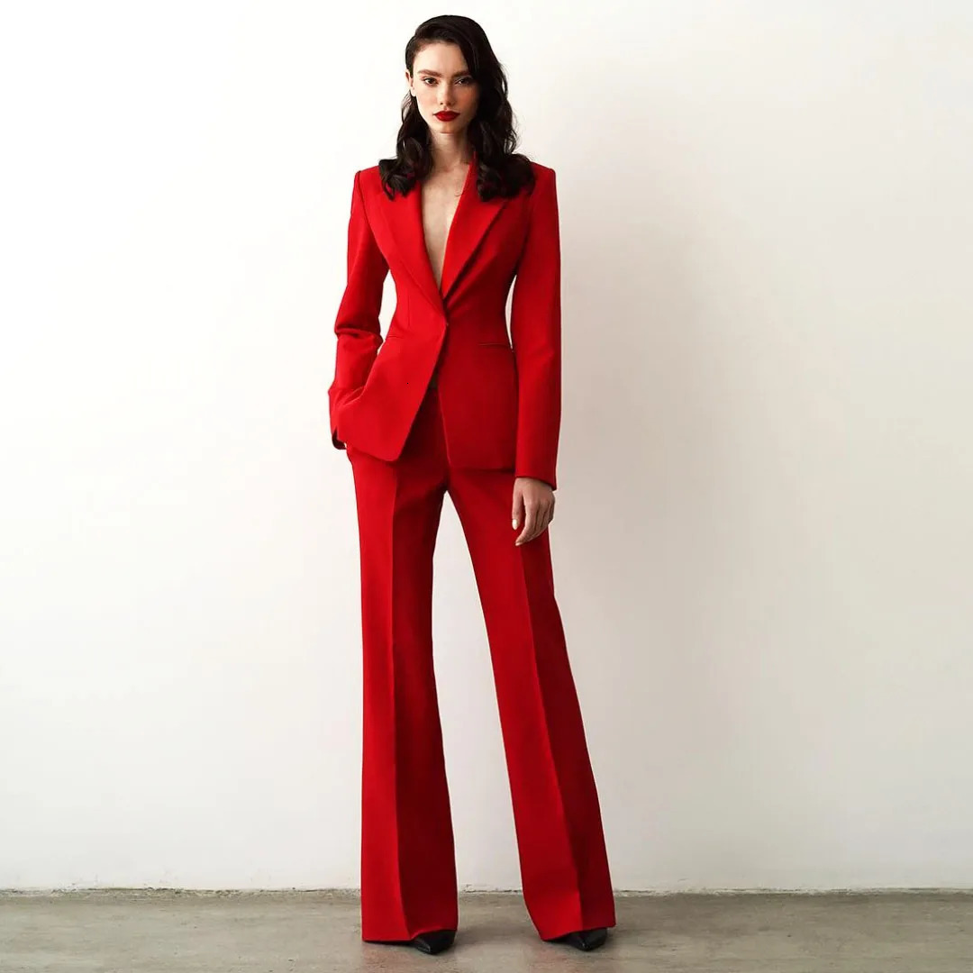 Women Suit 2 Pieces Red Single Button Solid Slim For Wedding Business Work Office Daily Commute Casual Set Blazer And Pants 260610