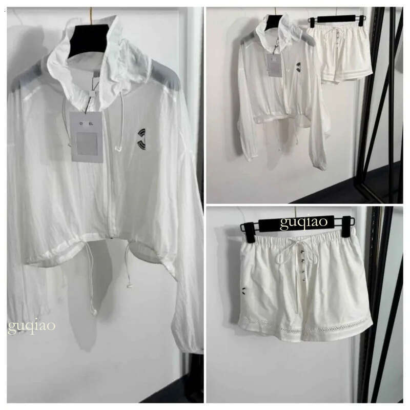 Hoodies Designer Women Womens CC Embroidered Two Piece Set Drawstring Cropped Sun Protection Jacket Lace Trim Shorts Women Designer