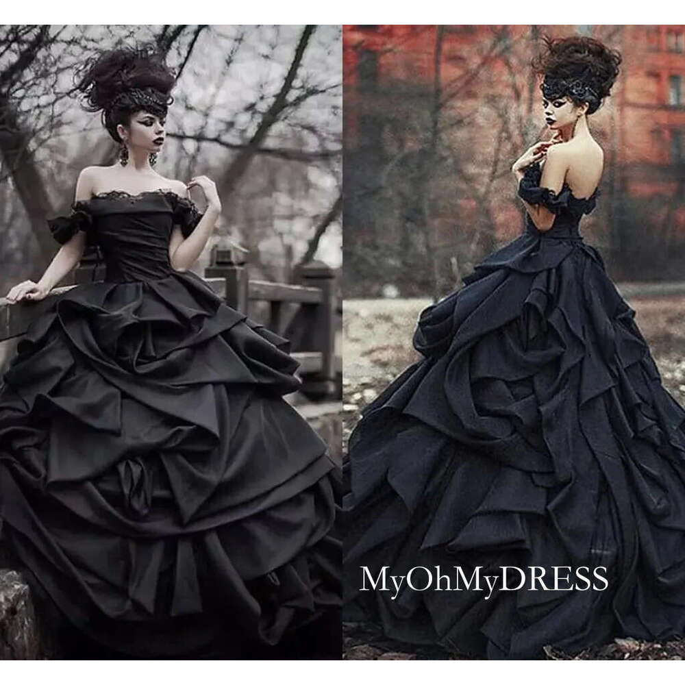 Black Gothic Garden Wedding Dresses 2021 Plus Size Off Shoulder Cascading Ruffles Up Corset Lace Bridal Dress Mariage Y612
