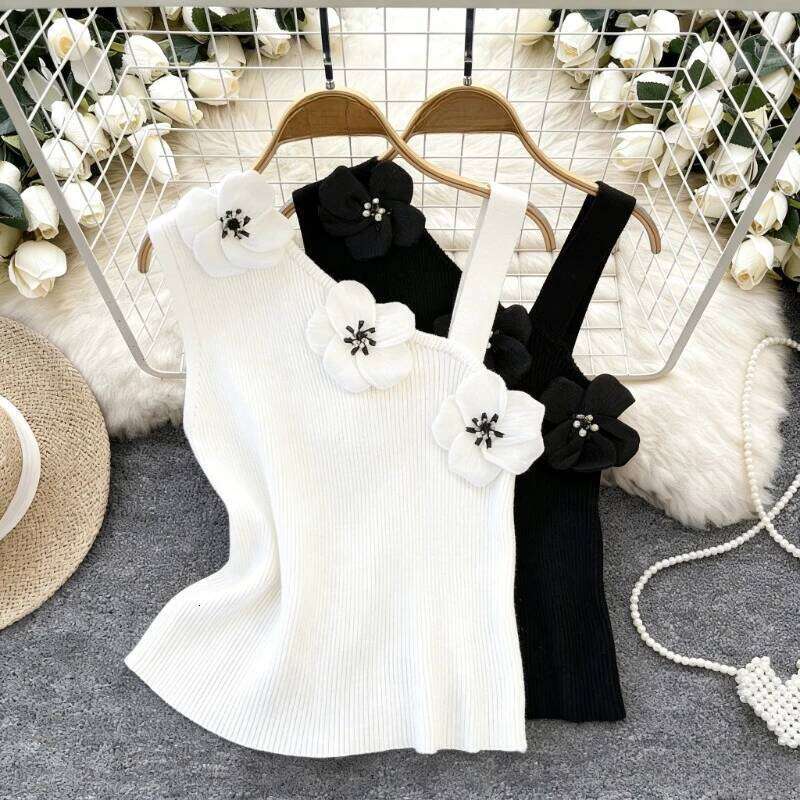 White 3D Flower Asymmetrical Strap Crop Tank Women's Clothing Sleeveless Stretchy Ribbed Knit Casual Summer Sweet Cami Top Asia Size