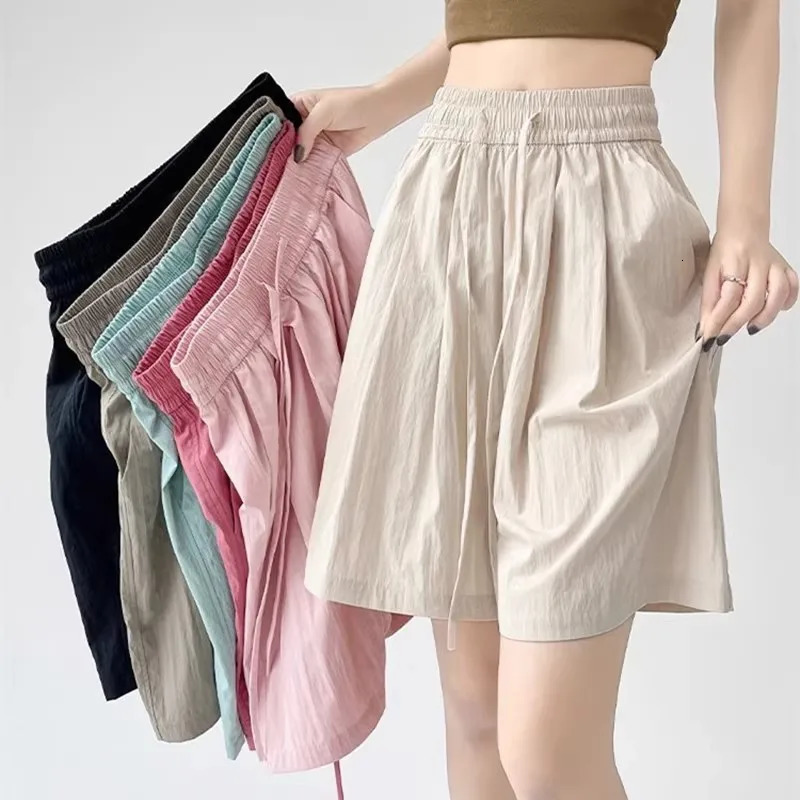 Solid Color Casual Summer Shorts for Women Thin Breathable Elastic Waist Woman Vacation Loose Wide Leg Beach Pants 260611