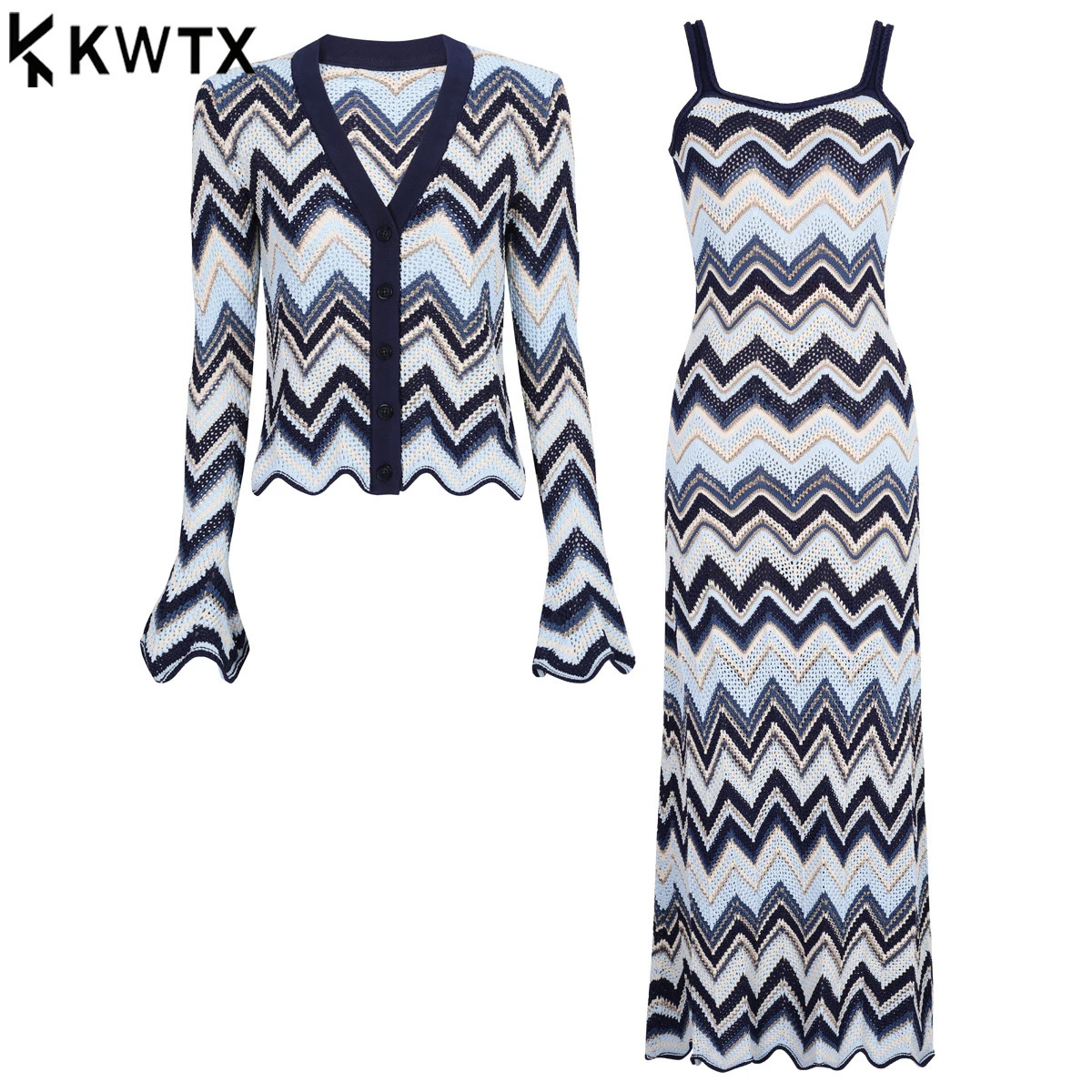 KWTX 2025 Womens Set Fashion O-neck Long Sleeve Short Tops Slip Stripe Waist Knitted Dress Loose Pants Evening Party Autumn 260610