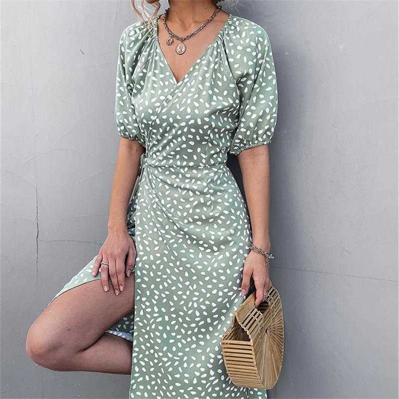 Dresses Casual Womens Summer Elegant Casual Loose V-Neck Side Packaging Dress Womens Polka Dot Puff Bohemian Dress Split Dress S260612