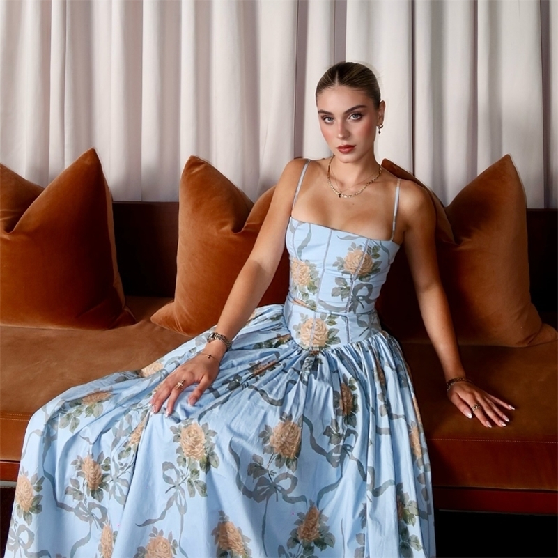 Oligai Floral Print Midi Sundress Elegant Spaghetti Strap Flowy Dress Aussie Summer Women Boho Chic Beach Dress 260611