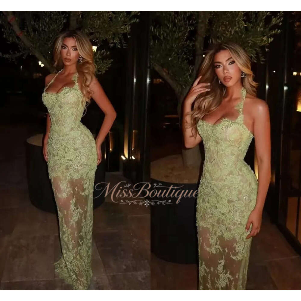 2026 Customized Sage Green Chic Lace Mermaid Prom Dresses Aso Ebi Halter Neckline Sleeveless Women Special Occasion Evening Gowns See Through Vestid