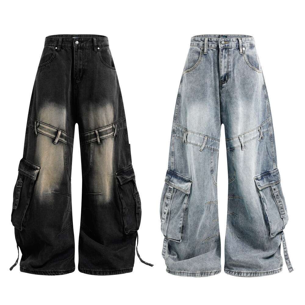 Jeans lavati jeans dritti vintage effetto consumato pantaloni in denim tascabili larghi per la passeggiata in strada retrò shopping quotidiano abbig
