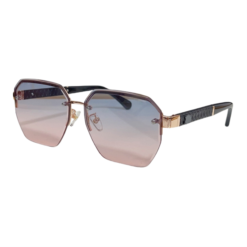 Women Luxury Rimless Cut Edge Octagonal Sunglasses Rose Gold Metal Frame Woven Texture Black Temples Blue Pink Gradient UV400 Lens Fashion Travel Be