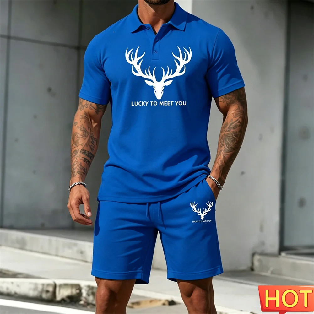 Mens Button Set Tracksuit Summer polo and Sport Shorts Casual Fashion Short Sleeve Outfit mens matching sets menswear clothing