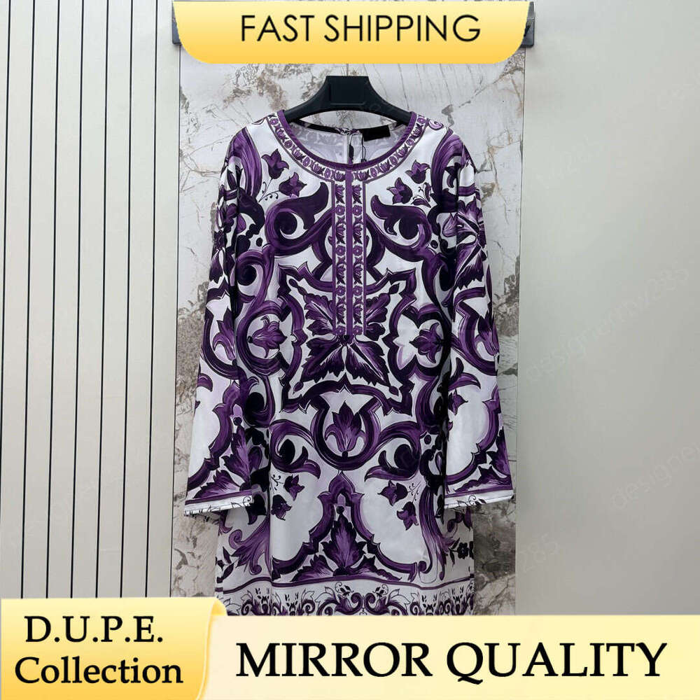 Designer Purple Baroque Print Long Sleeve Mini Dress Luxury Majolica Pattern Round Neck Straight Cut For Women Summer Elegant Outfit Vestido-image-1110302479