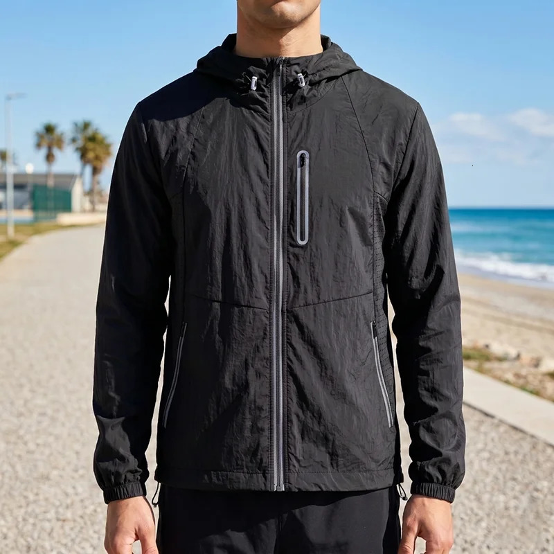 Mens Hooded Jackets Outdoor Sun Protection Reflective Windbreaker Front Strip Zipper Pocket Thin Cycling Jacket 260609