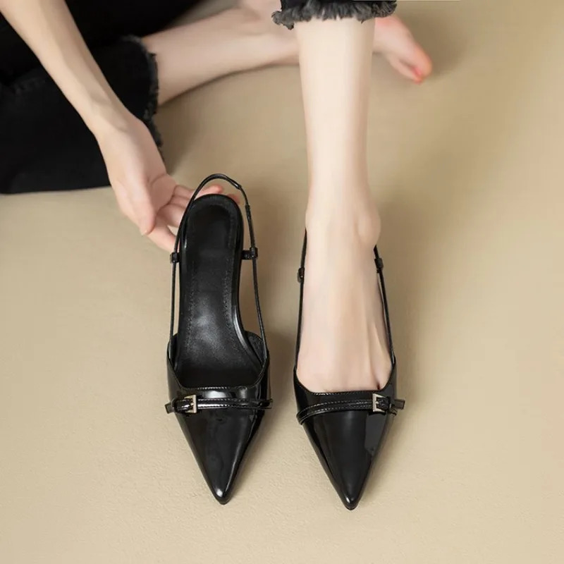 Summer Womens Patent Leather Pointed Toe Sandals with Buckle Open Heel Fashionable Mid-Heel Sandals By Zapatos De Mujer 260612