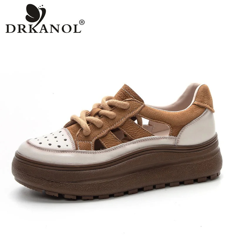 DRKANOL Summer Women Shoes 2026 Mixed Colors Genuine Leather Breathable Hollow Out Chunky Platform LaceUp Casual Sneakers 260611
