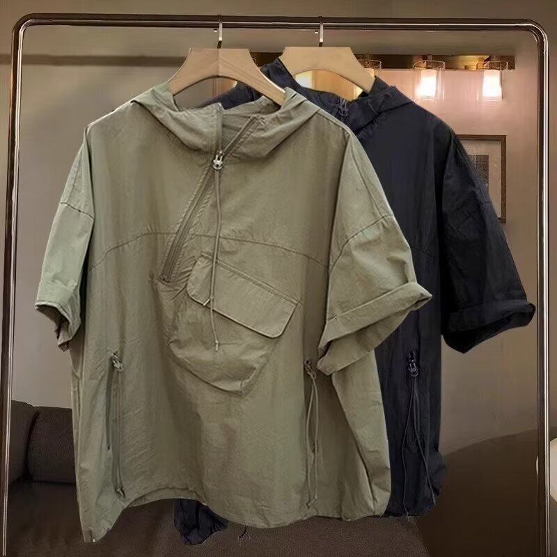 Luxury Brand Designer Plain Color Zipper Hooded Short-sleeved T-shirt For Men. Summer Trend Workwear With Pocket Design. Loose-fitting Half-sleeve S