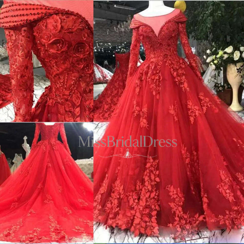 Red Dresses Princess Bridal Ball Beading Long Sleeves Lace Appliques Wedding Gowns Petites Plus Size Custom Made Mb612