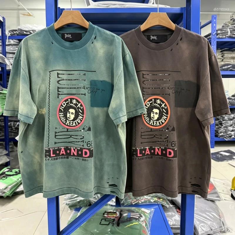 Men's T Shirts Paly Cartoon Letter Print Tshirts High-quality Washed Distressed Short Sleeved Casual Retro T-shirt For Men Women