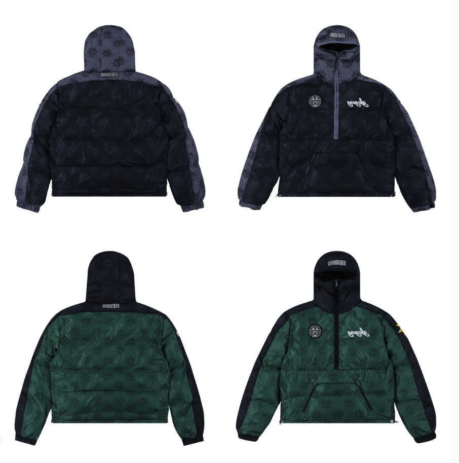 Mens Down Jacket glo Loose half - zip patchwork cotton coat gang y2k baggy Winter Top with Pockets and Drawstrings Q260612