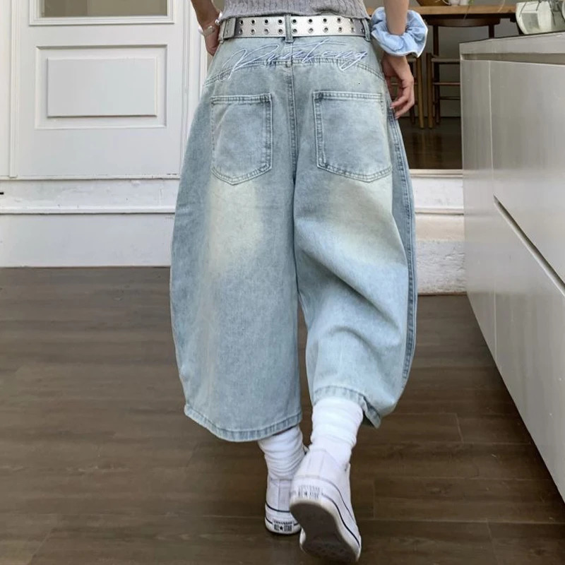 Summer Sexy Vintage Style Harajuku Blue Jeans Womens Y2K Punk Street Baggy Denim Trouser Casual Mop Calf Length Pants 260611