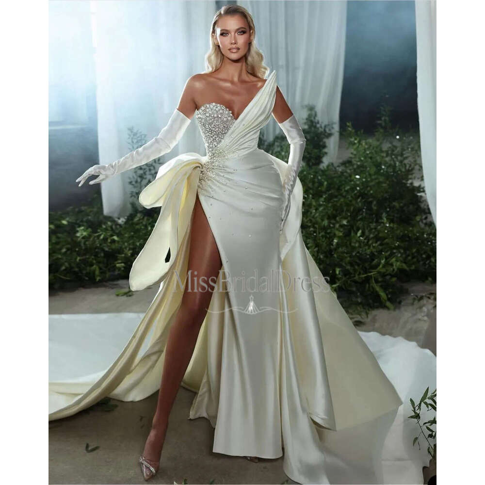 Tube Top Sheath Wedding Dresses Sleeveless Strapless Gowns Appliques Sequins High Side Split Satin Floor Length Petites Plus Size Custom Made Mb612