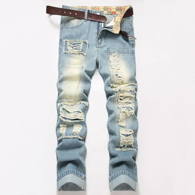 Autumn Mens Light Blue Slim Fit Jeans Mens Ripped Loose Jeans Elastic Hole Versatile High Street Denim Pants Retro Washed 260611
