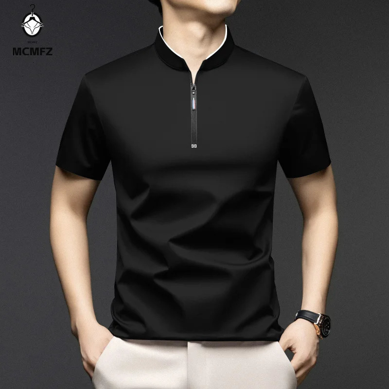 Mens Casual Fashion Zippered Solid Color Short Sleeve Polo Shirt Stand up Collar Versatile Comfortable Top 260612