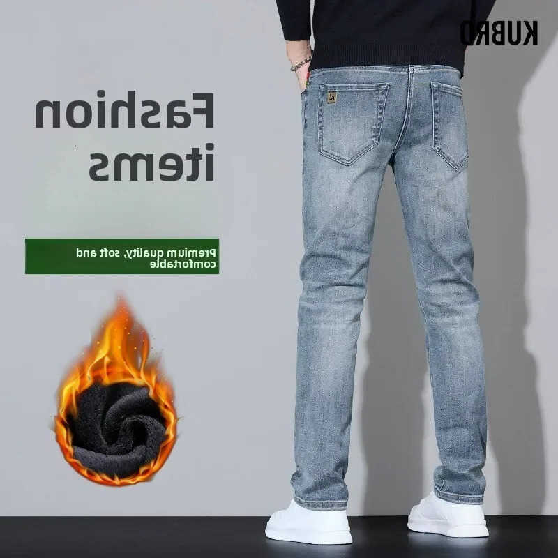 Flce Thicken Mens Stretch Jeans Autumn Winter Thermal Warm Straight Leg Casual Denim Trousers Solid Soft Cozy Jean Pants R251104 S260612