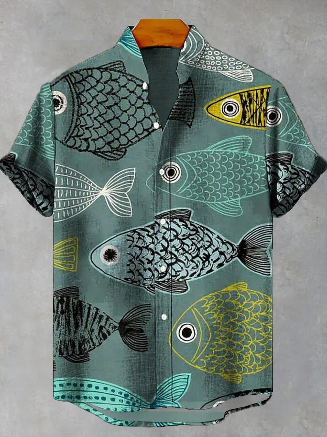 Summer Mens Casual Sea Life Graphic Short Sleeved Shirt Button Down Lapel Shirts Oversized Tops Hawaiian for Men 260612