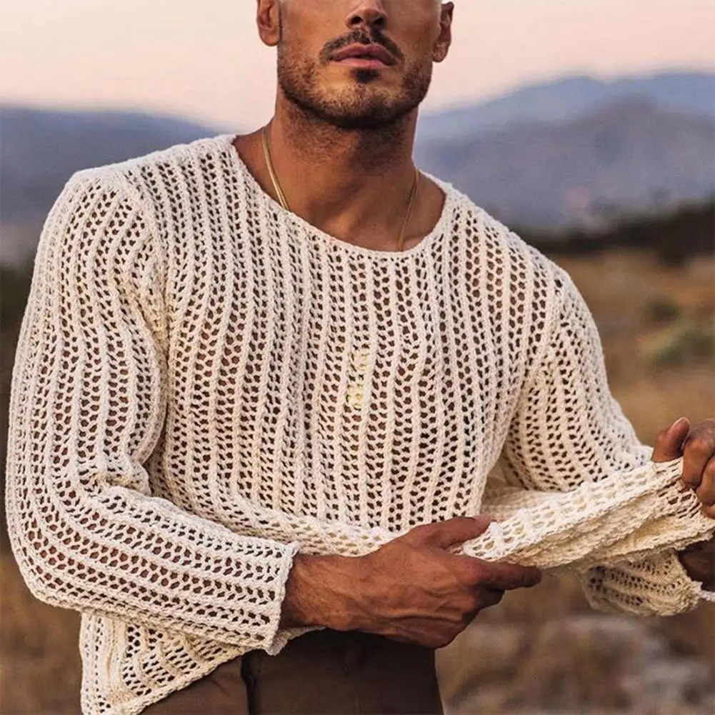 Men Mesh Top See Through Long Sleeves Round Neck Hollow-out Sexy Men Bottoming Shirt Knitted Mesh Top Clothing for Male 260612